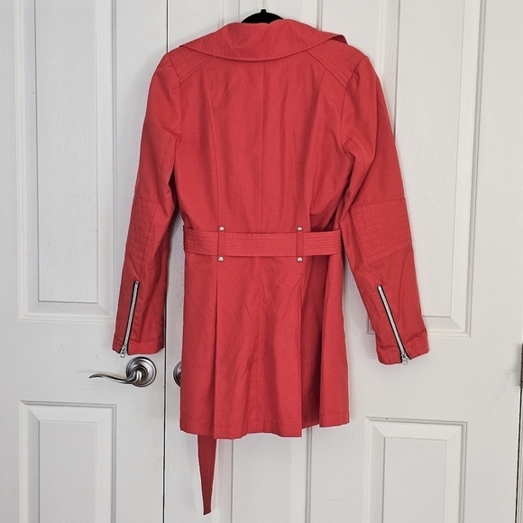 Black Rivet Belted Rain Trench Zip Coat Watermelon Size M - Picture 2 of 15